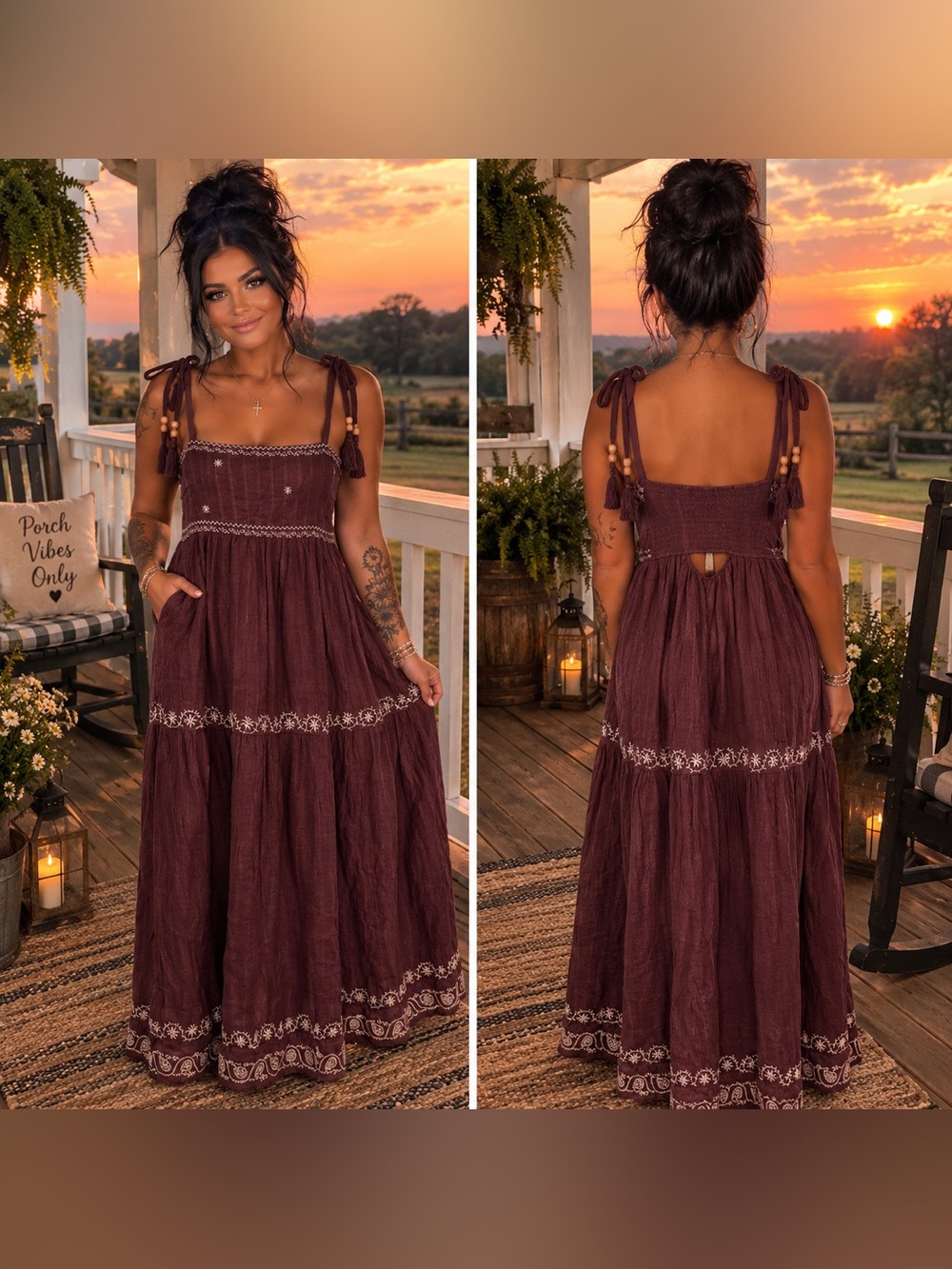 Ultra Flirt Boho Tie-Shoulder Embroidered Maxi Dress